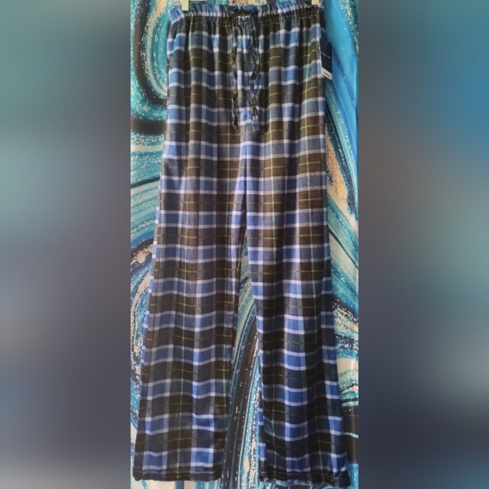 NWT PRESWICK & MOORE Blue Green & Black Plaid Silky Fllece Sleep Pants Sz M